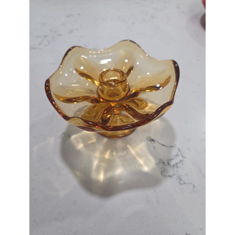 Vintage Viking Glass Amber Epic Six Petal Candle Holder MCM